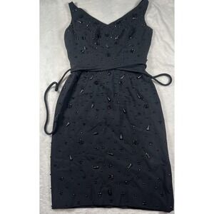 Beaded Cocktail Dress Womens Medium Black V Neck Sheath Little Black Dress LBD